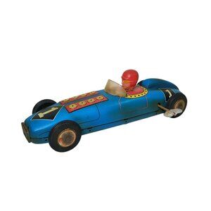Vintage 1955 Tin Lithographed Wind-Up Indy Race Car #1 Toy Driver Blue Red WORKS